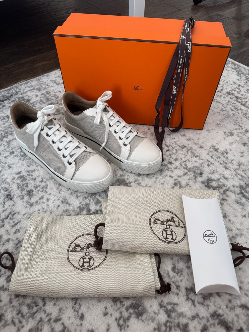 Authentic Hermes Cream Leather And Canvas Voltage Sneakers Size 38